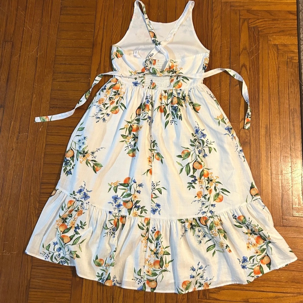 Citrus Botanical Midi Dress SZ S White Orange Mediterranean Vacation Resortwear - Picture 3 of 13